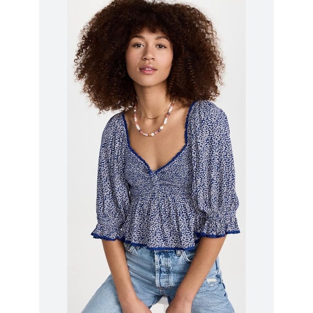 Free People Britnee‎ Printed Babydoll Top Blue Floral Smocked Women's Size Small